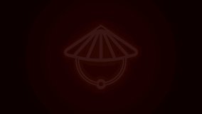 Glowing neon line Asian or Chinese conical straw hat icon isolated on black background. 4K Video motion graphic animation.