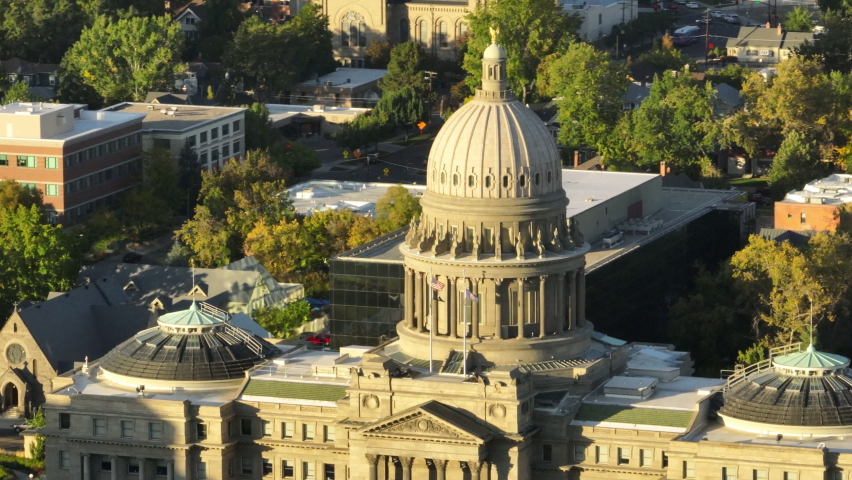 Close up aerial of Idaho Capital building in downtown Boise