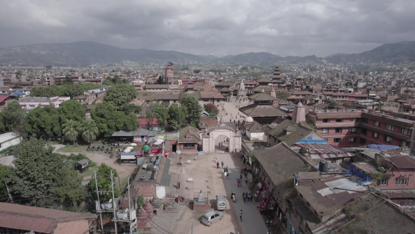 Nepal Bhaktapur Durbar Square Aerial Shot Forward in Kathmandu Log - World Heritage Site