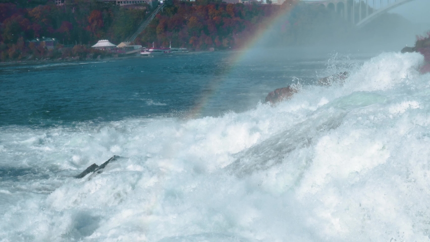 Niagara Falls from the American and Canadian sides. Rainbow over the waterfall. The most popular tourist place. Stormy river that flows into the lake.
