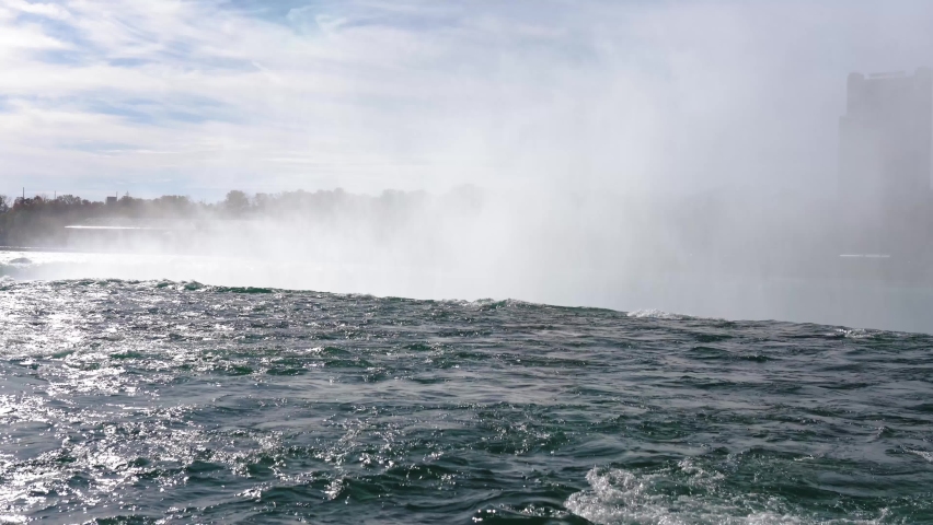 Niagara Falls from the American and Canadian sides. Rainbow over the waterfall. The most popular tourist place. Stormy river that flows into the lake.