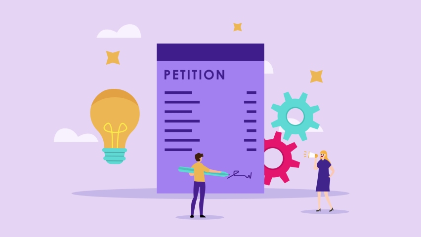 Two people animation signing and spreading petition for changes while standing with light bulb. Cartoon in 4k resolution