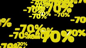 Yellow minus seventy percent symbols fall down isolated on black background, looped 3d render. Concept of discounts, sales, seasonal promotions, black friday, singles day and shopping 1111.