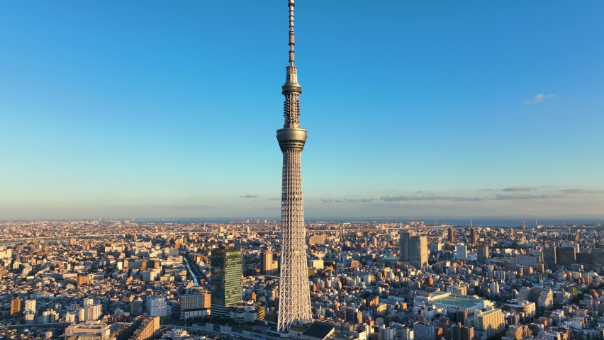 Tokyo Skytree and Tokyo skyline in the capital of Japan, aerial view. High quality 4k footage
