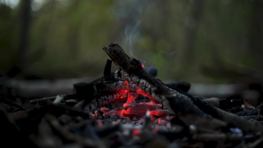 Burning firewood coal ember from a forest campfire. Close up slow-motion low-angle shot, late evening, no people, abstract round bokeh balls flying Royalty-Free Stock Footage #1096329359