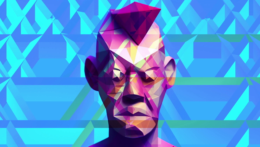 Low poly head against geometric background
