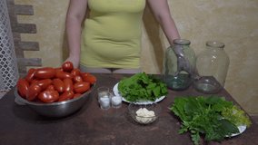 woman vlogger culinary,woman prepares pickled tomatoes, shooting for social networks about food