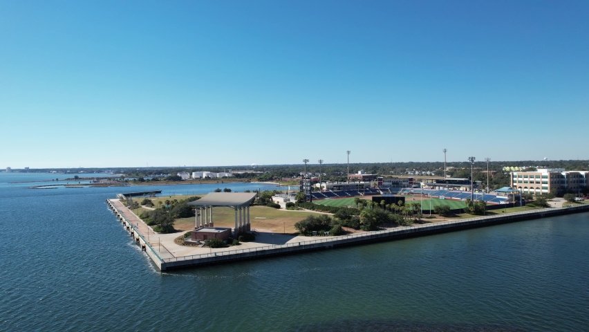Drone flying over Pensacola Bay with a view of Blue Stadium featuring Admiral Fetter man Field - Home of the Pensacola baseball