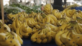 Ripe organic bananas are lying on the counter of the farmer's market. Healthy fruits, healthy food. High quality 4k footage