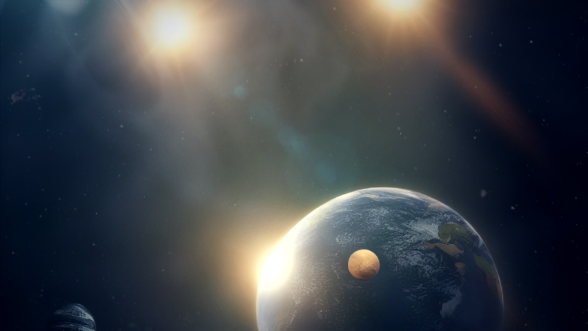 Flying to an alien earth like planet with a moon and three stars and a sunrise in space | Shutterstock HD Video #1096341893