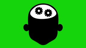 Animation of the icon silhouette of the head of a person with gears turning, in concept of man thinking or working. On a green chrome key background