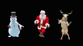 Merry christmas and happy new year, 3d rendering, Snowman, Deer,  santa claus Dancing, Animation Loop  composition 3d mapping cartoon, Included in the end of the clip with luma matte.
