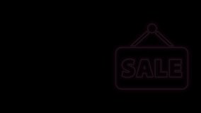 Glowing neon line Hanging sign with text Sale icon isolated on black background. Signboard with text Sale. 4K Video motion graphic animation.