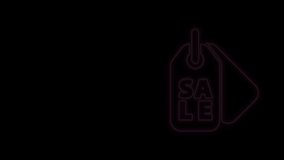 Glowing neon line Price tag with an inscription Sale icon isolated on black background. Badge for price. Promo tag discount. 4K Video motion graphic animation.