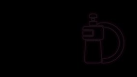 Glowing neon line Dishwashing liquid bottle and plate icon isolated on black background. Liquid detergent for washing dishes. 4K Video motion graphic animation.