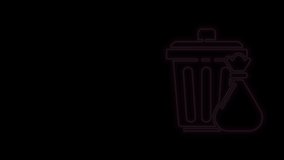 Glowing neon line Trash can and garbage bag icon isolated on black background. Garbage bin sign. Recycle basket icon. Office trash icon. 4K Video motion graphic animation.
