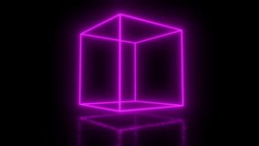 Abstract geometric technology shape of glowing neon.Neon luminous lines. Cube wireframe in perspective . Futuristic vector digital 3d seamless loop rotation. Glowing pink neon cube - Powered by Shutterstock - Get 15% off with code: PIKWIZARD15
