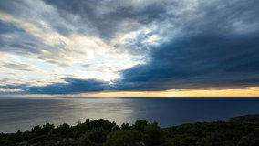 4k time lapse video of Croatia nature and landscape at Adriatic Sea in Dalmatia. Nice colorful cloudy sky at sunset.