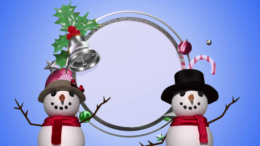 Animation of snow falling and christmas decorations over circle with copy space on blue background. Christmas, tradition and celebration concept digitally generated video.