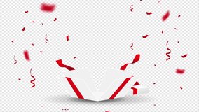 Realistic opening box. Moving festive element with gift box, red ribbon and bow. Surprise, present or special offer for holiday. Copy space. 3D graphic animation - Powered by Shutterstock - Get 15% off with code: PIKWIZARD15