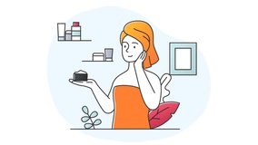 Daily routine of young modern girl. Moving woman in bathroom applies moisturizer cream to face skin. Cosmetic or beauty products for care of dermis. Flat graphic animated cartoon in doodle style