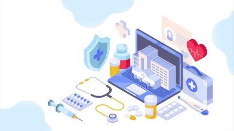 Health care and medicine concept. Moving banner with hospital or clinic on laptop screen, medicines and medical equipment. Treatment and prevention of diseases. Isometric graphic animated cartoon 스톡 비디오