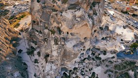 distinguished and magnificent nature of Cappadocia, Turkish flag on the high rock, aerial video. High quality 4k footage