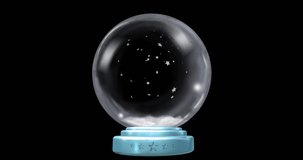 Animation of christmas snow globe with snow falling on black background. Christmas, festivity, tradition and celebration concept digitally generated video.
