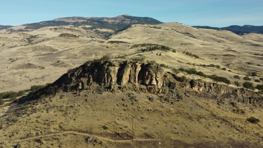 Flying over Pompadour Bluff in Ashland, Oregon, USA. Grizzly Peak in the background. Facing North.