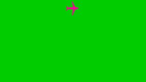 Animated pink plane flies along circle a trajectory. Concept of airplane travel. Trip around the world. Looped video. Flat illustration isolated on a green background. 