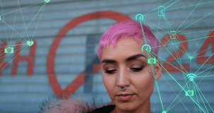 Animation of network of connections over biracial woman using smartphone. Global business, finances and digital interface concept digitally generated video.