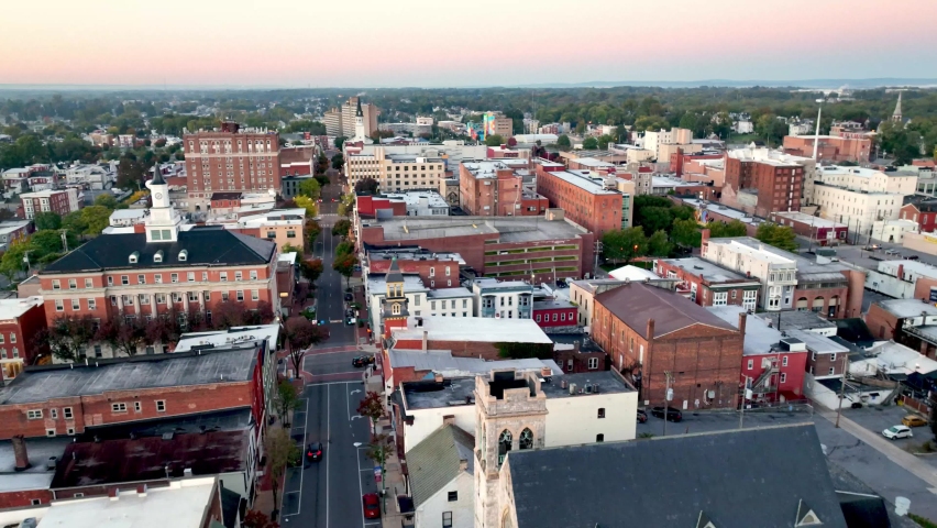 aerial pullout hagerstown maryland buildings at sunrise