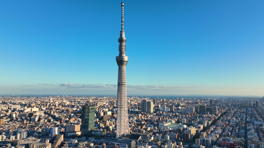 Aerial view of Tokyo Skytree in downtown Tokyo, Japan. High quality 4k footage