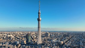 aerial view of Tokyo Skytree in downtown Tokyo, Japan. High quality 4k footage