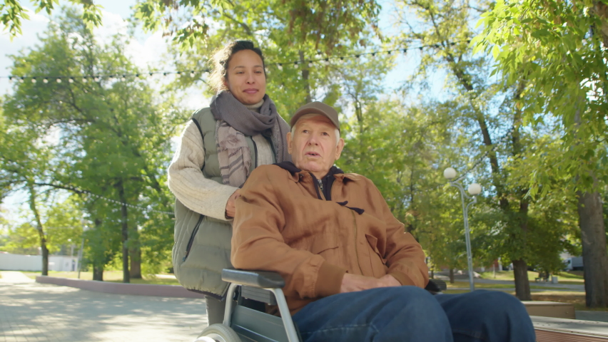 Young woman pushing senior grandfather in wheelchair and telling something while walking in park on sunny day
