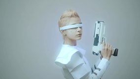 Representation of a bionic super human with advanced technology parts as vr visors and gadgets playing in a mixed reality training room. Futuristic cyberpunk evolution of human mankind and AI