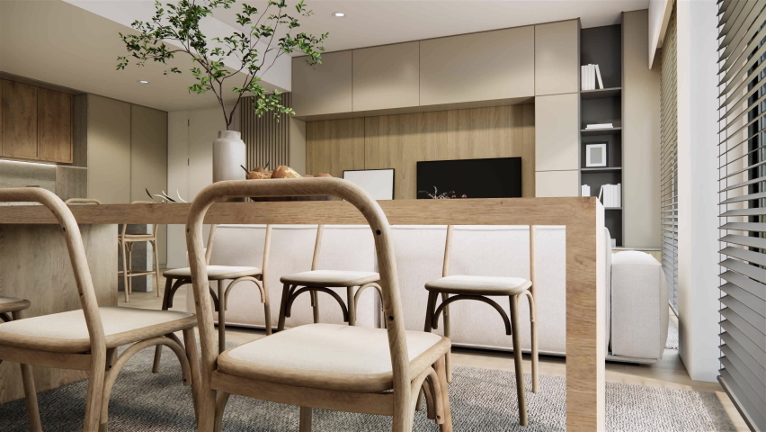 4K video 3d animation interior studio apartment room design and decoration in modern minimal style earth tone color furniture built in counter and cabinets blank tv on wooden wall. 3d rendering. Royalty-Free Stock Footage #1096374917