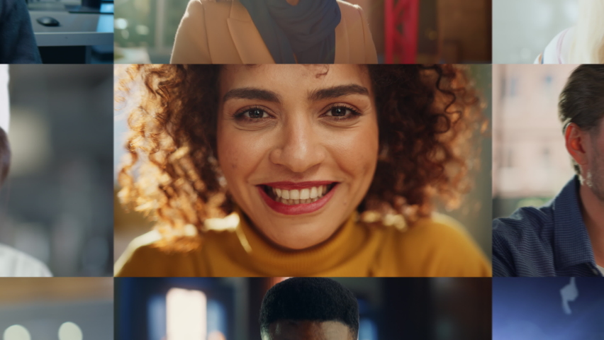Stylish Zoom Out Montage of Smiling Mixed Race Woman Becoming Part of Multi-Ethnic Group of People with Diverse Gender, Ethnicity Looking at Camera. Collection of Happy Portraits in Edited Collage | Shutterstock HD Video #1096377857