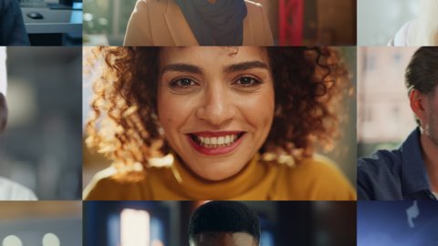 Stylish Zoom Out Montage of Smiling Mixed Race Woman Becoming Part of Multi-Ethnic Group of People with Diverse Gender, Ethnicity Looking at Camera. Collection of Happy Portraits in Edited Collage: stockvideo