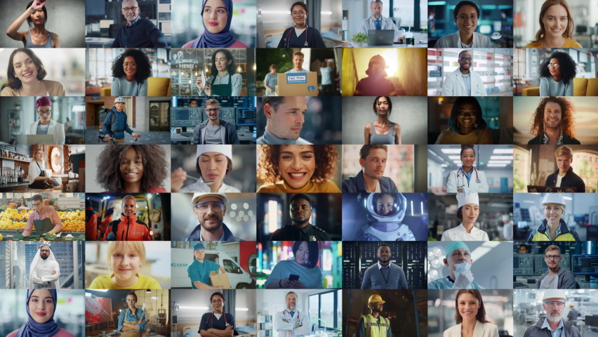Changing Montage of Multicultural and Multi-Ethnic People of Diverse Background, Gender, Ethnicity, Smiling, Looking at Camera. Happy People of the World Cheerfully Smiling. Moving Down Shot Royalty-Free Stock Footage #1096377867