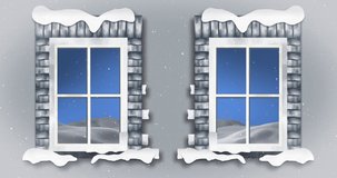Animation of christmas winter scenery and snow falling seen through windows. Christmas, tradition, celebration and festivity concept digitally generated video.