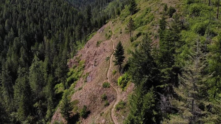 A narrow hiking trail leads up a steep and rugged canyon in North Idaho