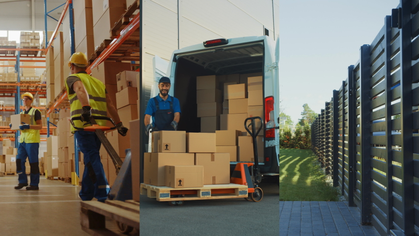 Package Delivery Story done in Split Screen Montage. Efficient Warehouse Workers Sort and Dispatch Cardboard Boxes. Professionals Load Parcel into Van. Courier Hands Product to Happy Customer. Collage Royalty-Free Stock Footage #1096379837