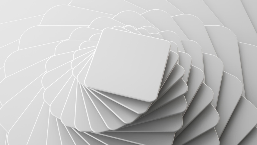 looping 3d animation, abstract geometric minimalist background, blank square cards with rounded corners twisting and rotating. Shifting white layers