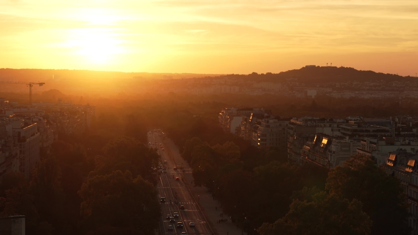 Paris golden hour sunset mountain view from Triumphal Arch, France