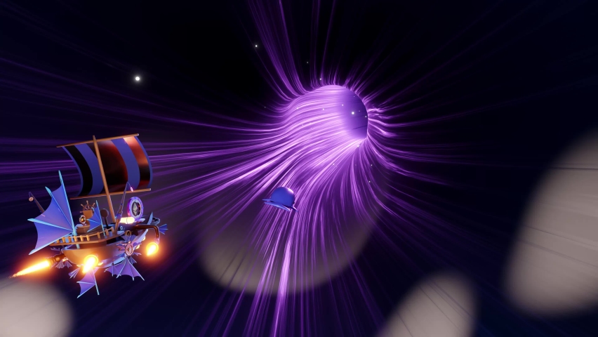 Steampunk airship and whale flying in hyperspace tunnel,  purple light streaks high speed, travel across dimensions, time, loop 3d animation