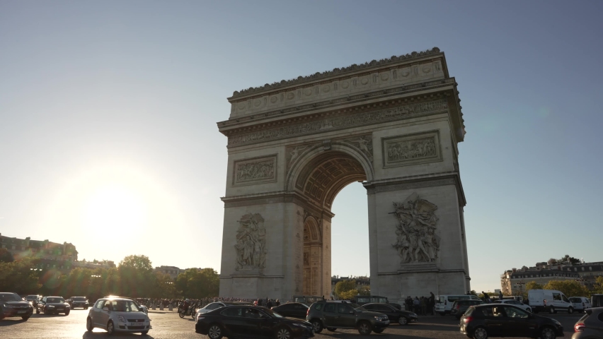 Sunset with clear sky, Paris city Arc de triomphe 4K Royalty-Free Stock Footage #1096383935