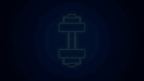 Glowing neon line Dumbbell icon isolated on black background. Muscle lifting icon, fitness barbell, gym, sports equipment, exercise bumbbell. 4K Video motion graphic animation.