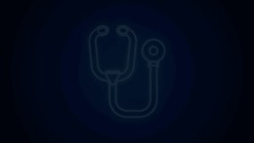 Glowing neon line Stethoscope medical instrument icon isolated on black background. 4K Video motion graphic animation.