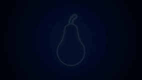 Glowing neon line Pear icon isolated on black background. Fruit with leaf symbol. 4K Video motion graphic animation .